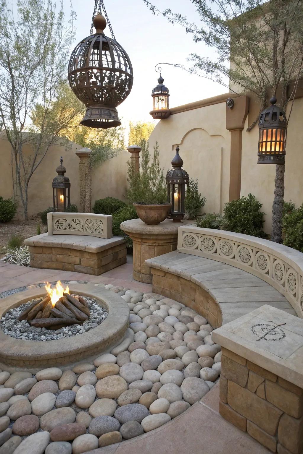 Sculpted stone benches blend function with artistry around the fire pit.