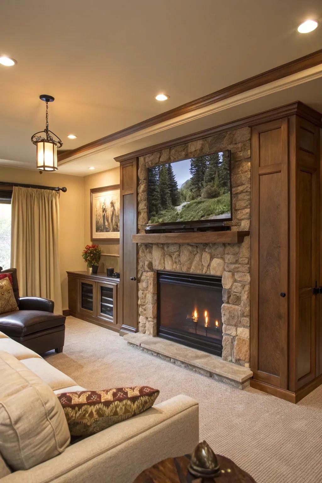 A hidden TV solution keeps the fireplace area sleek and uncluttered.