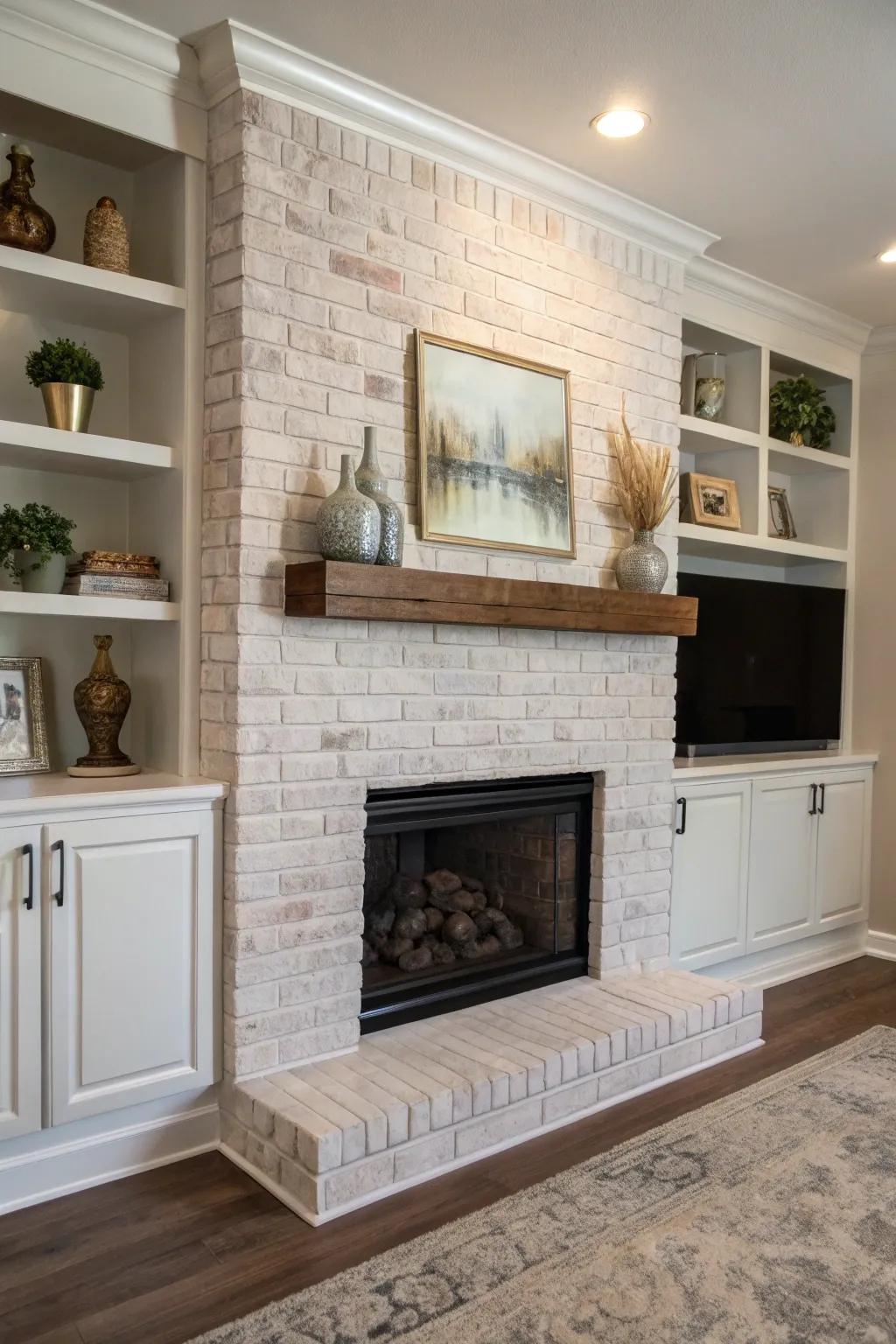 A vibrant coat of paint revitalizes this brick fireplace.