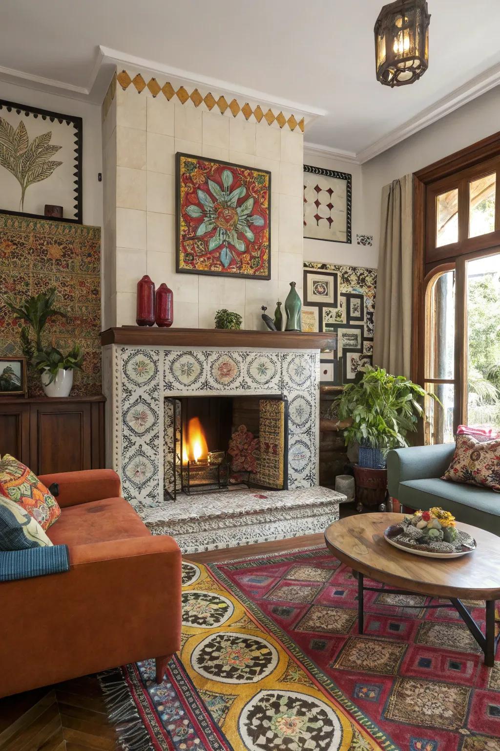 An artistic living room features a fireplace with all sorts of cool patterned tiles.