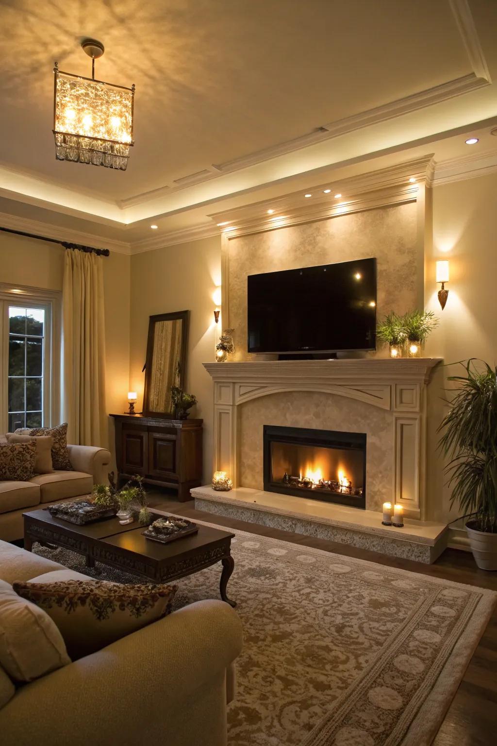 Warm lighting features accentuate a fireplace and TV in a living area.