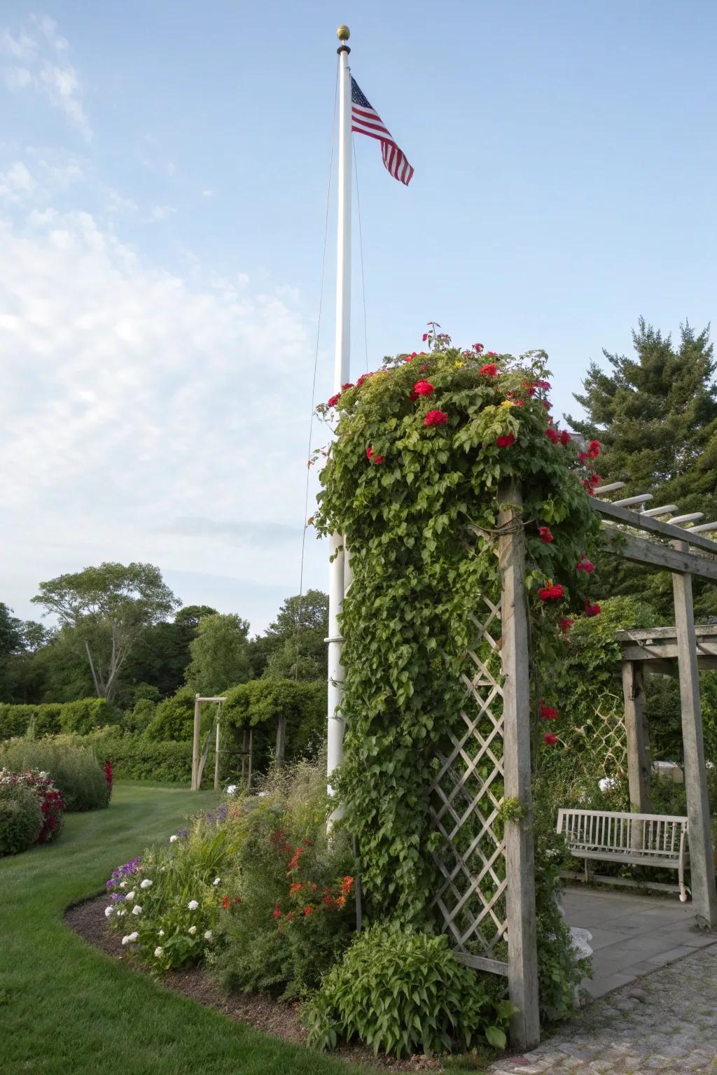 A vertical garden adds height and greenery to a flagpole landscape.