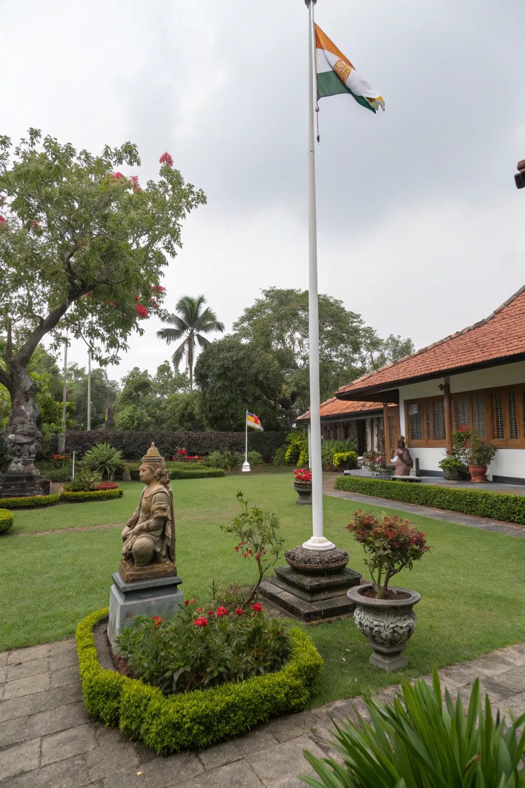 Ethnic features personalize and enrich flagpole arrangements.