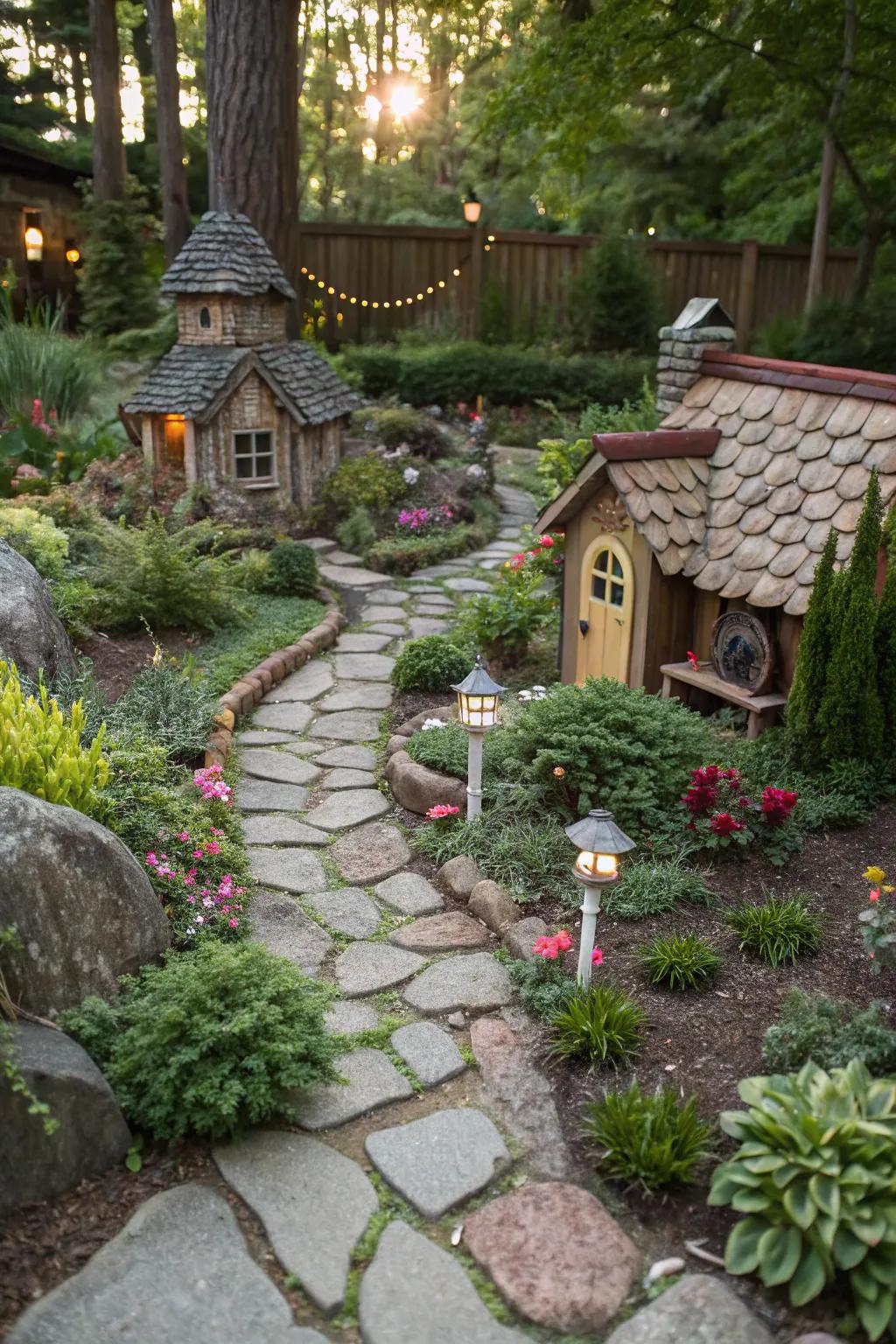 A whimsical fairy garden featuring charming flagstone paths.