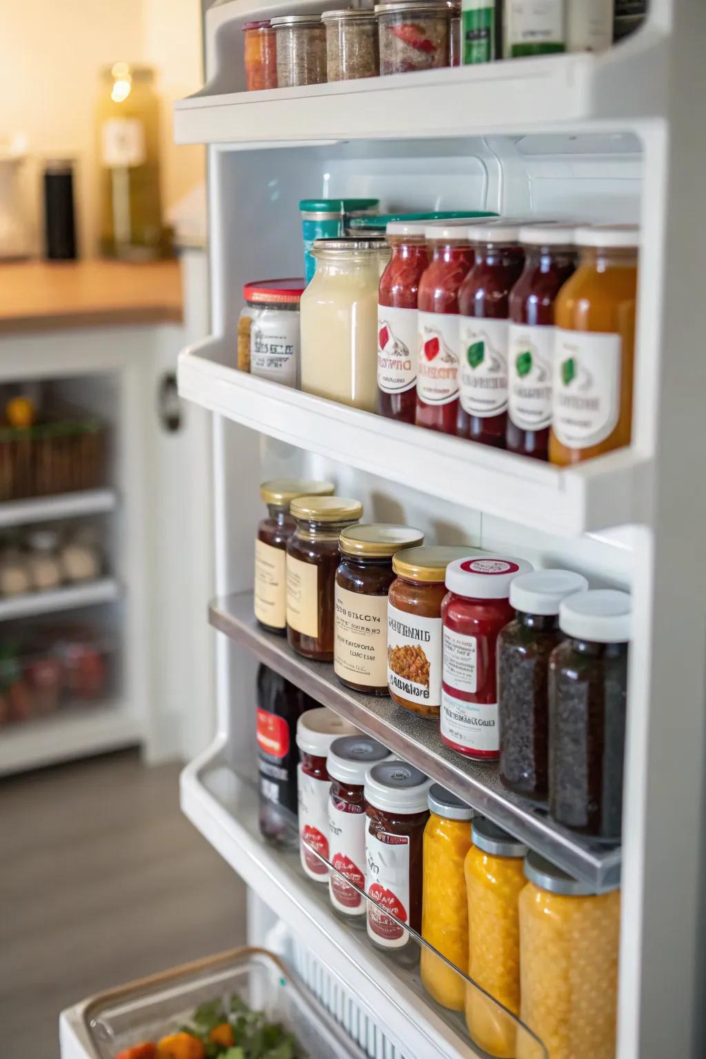 Door shelves effectively utilized for condiments and jams.