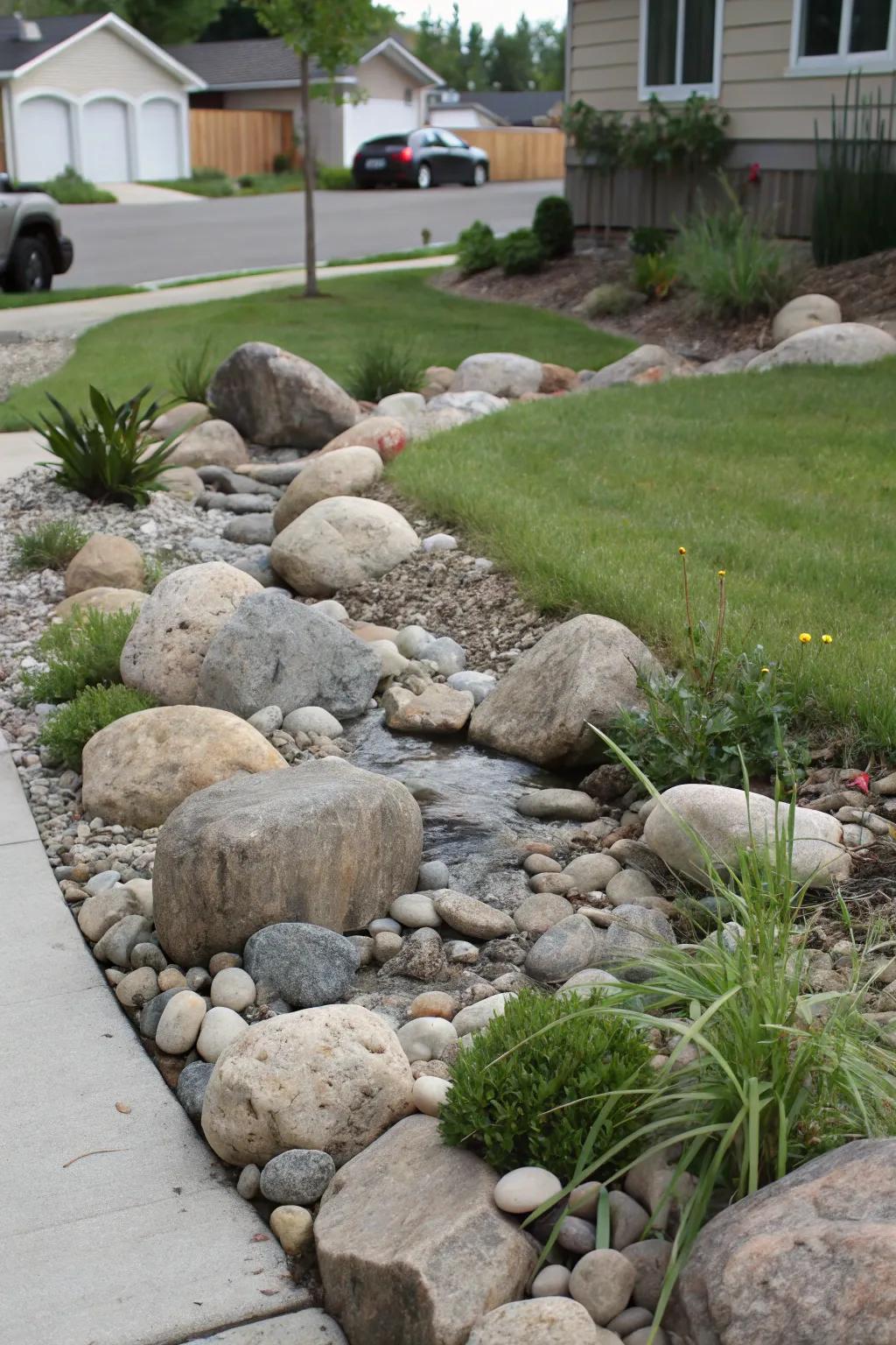 A rock display with river rocks adds depth and contrast.