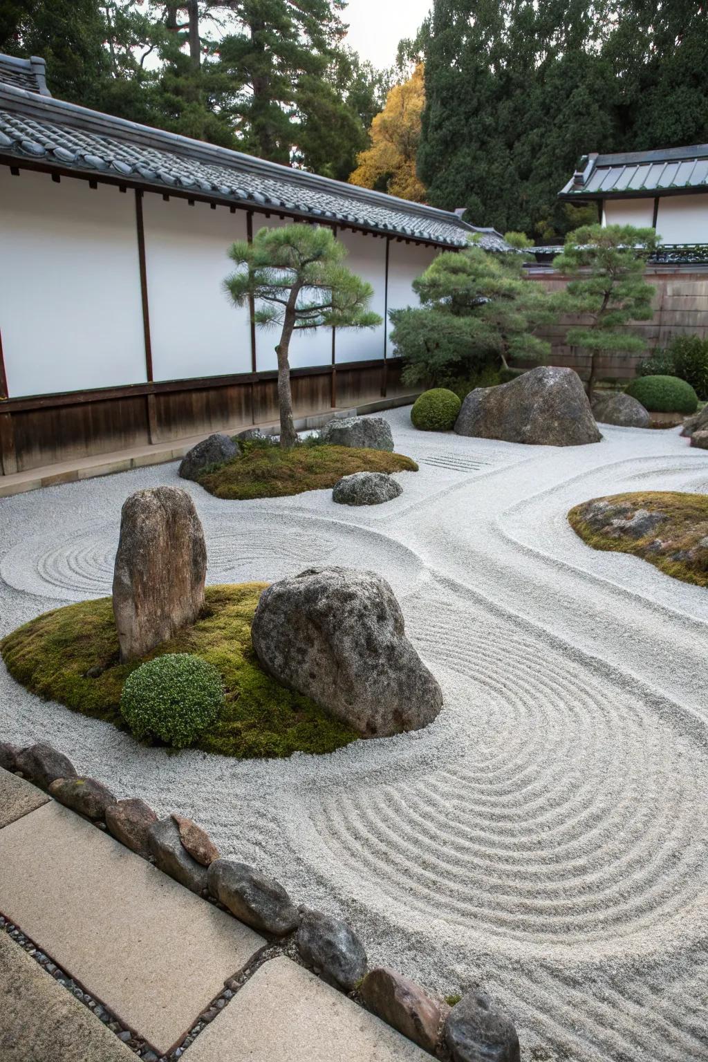 A serene Zen garden on a corner lot featuring raked gravel and stones.