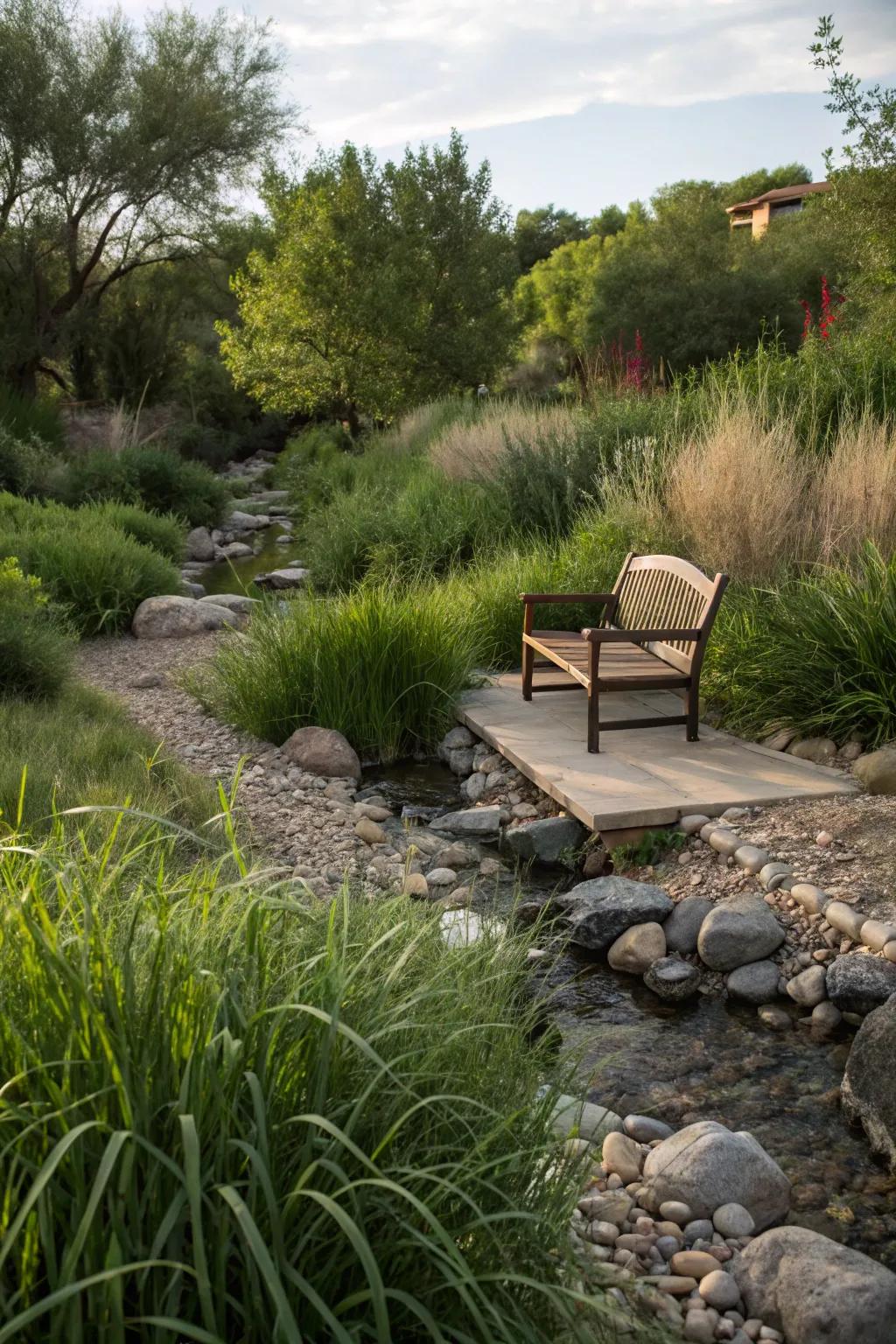 A concealed seating zone presents a placid spot savoring your dry creek bed.