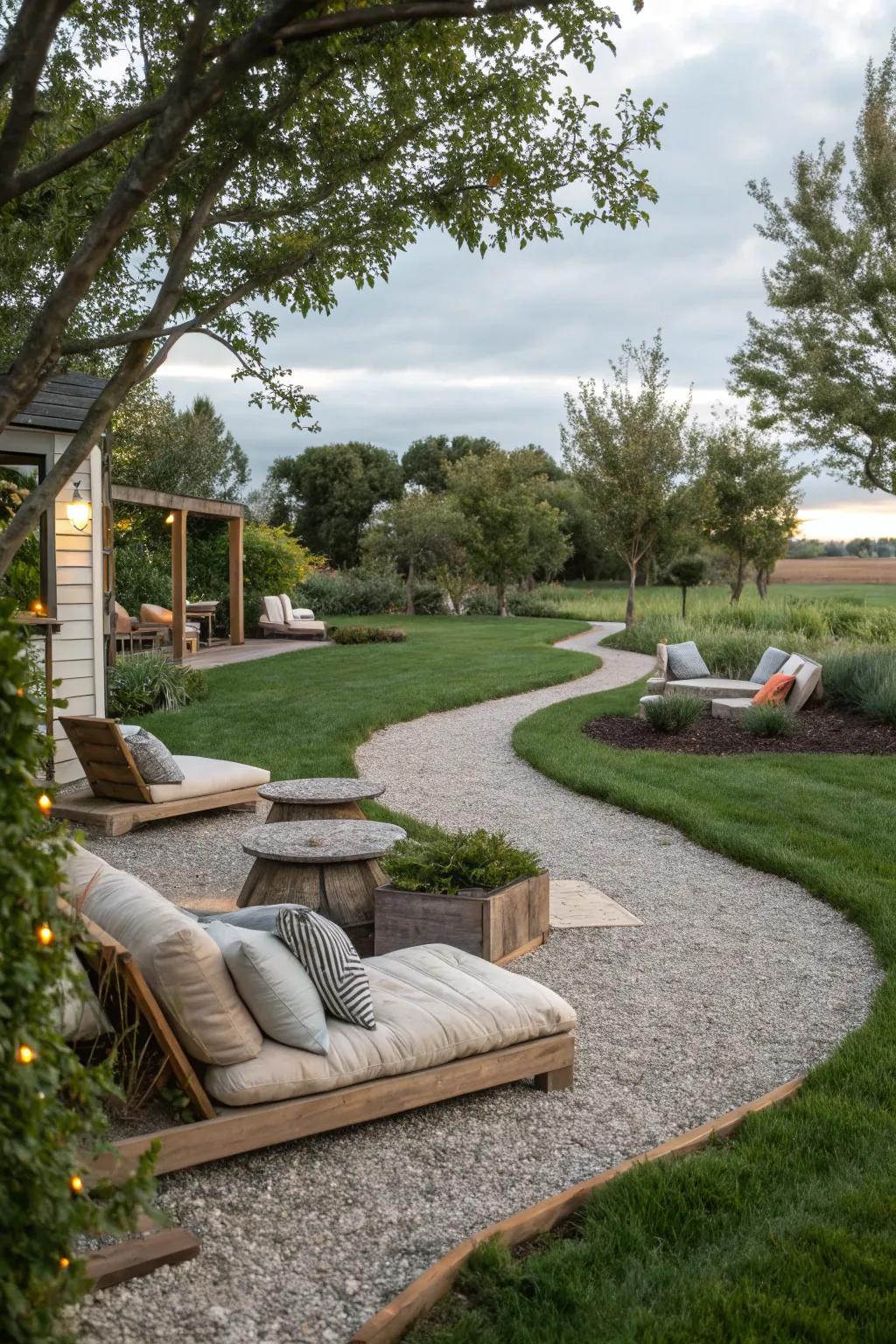 Cozy seating nooks among gravel pathways invite relaxation.