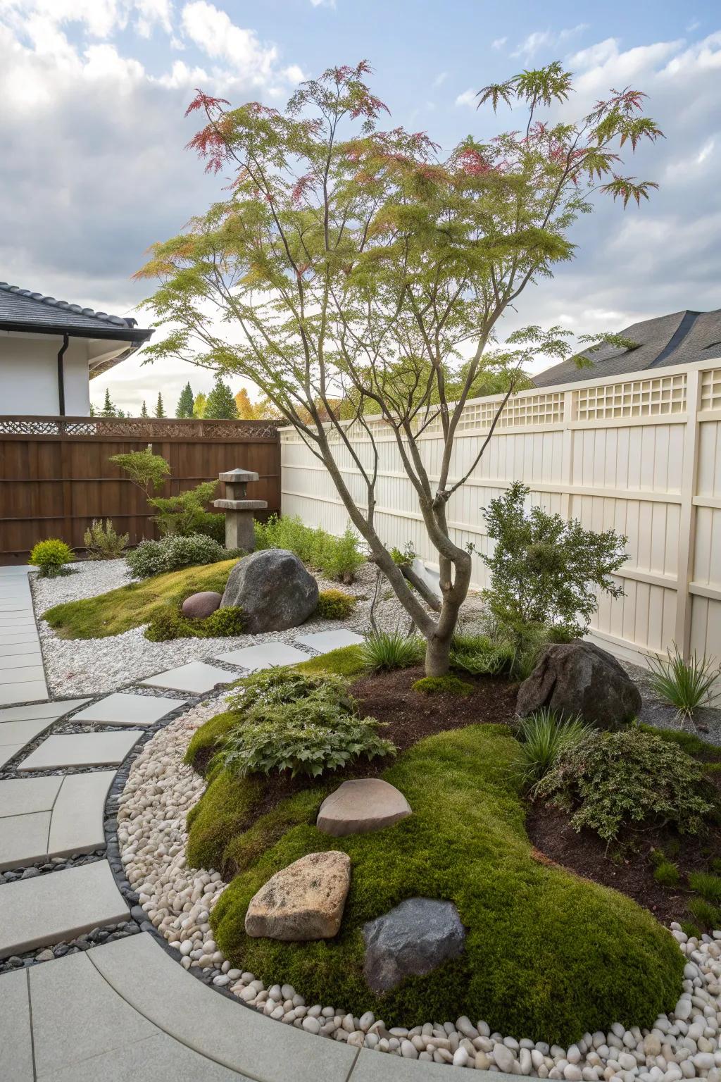 A zen garden corner with a Japanese maple offers a tranquil retreat in the front yard.