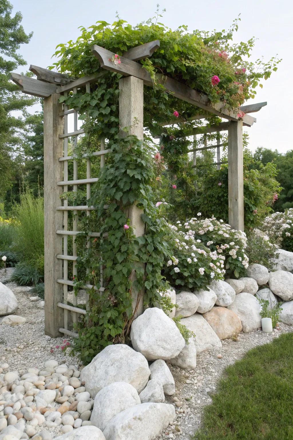 Vertical elements like trellises add height and interest to rock gardens.