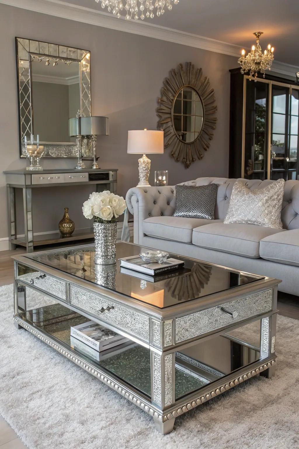 Mirrored furniture adds a chic and glamorous touch.