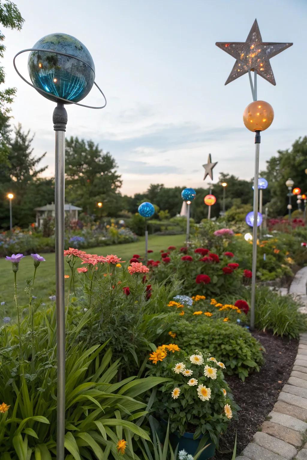 Heavenly orb posts transforming the garden into a slice of the universe.