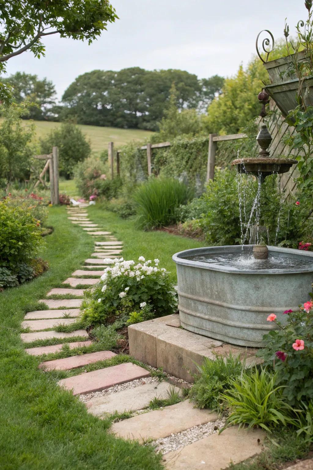 A self-guided stone pathway conducts towards an alluring trough fountain.
