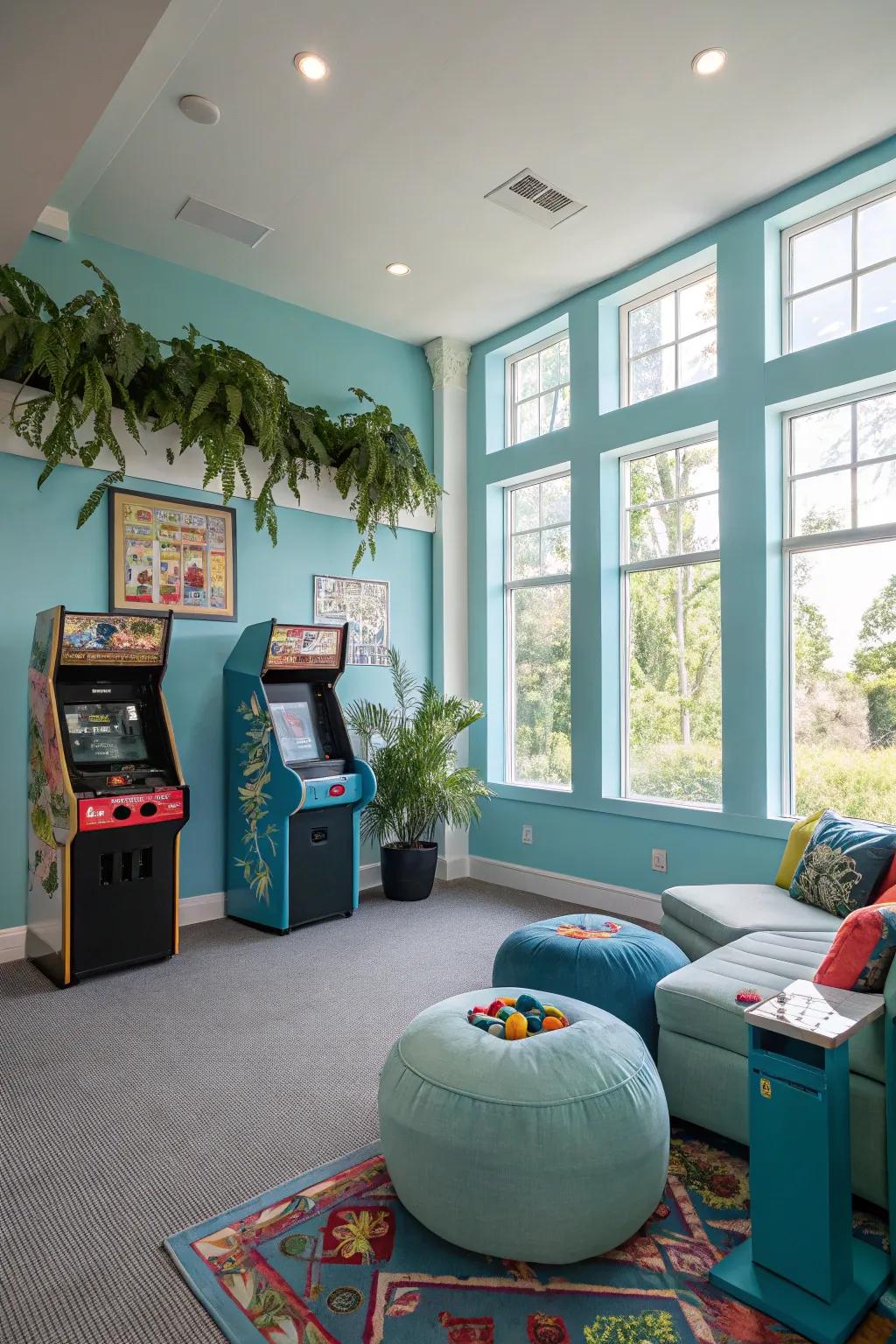 Sky blue walls spark calmness and a sense of openness for a game room.