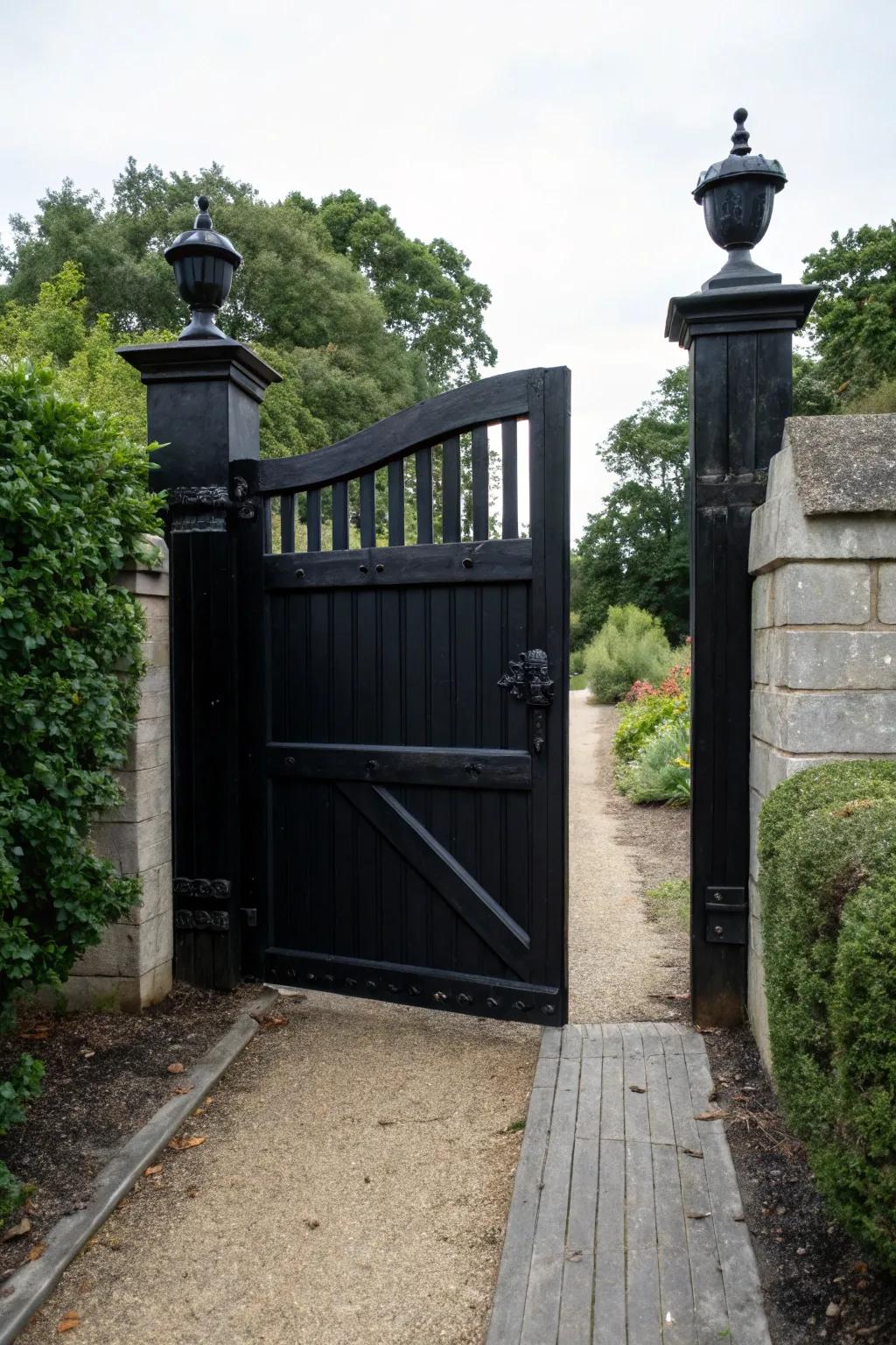 A striking dark gate makes a bold proclamation.
