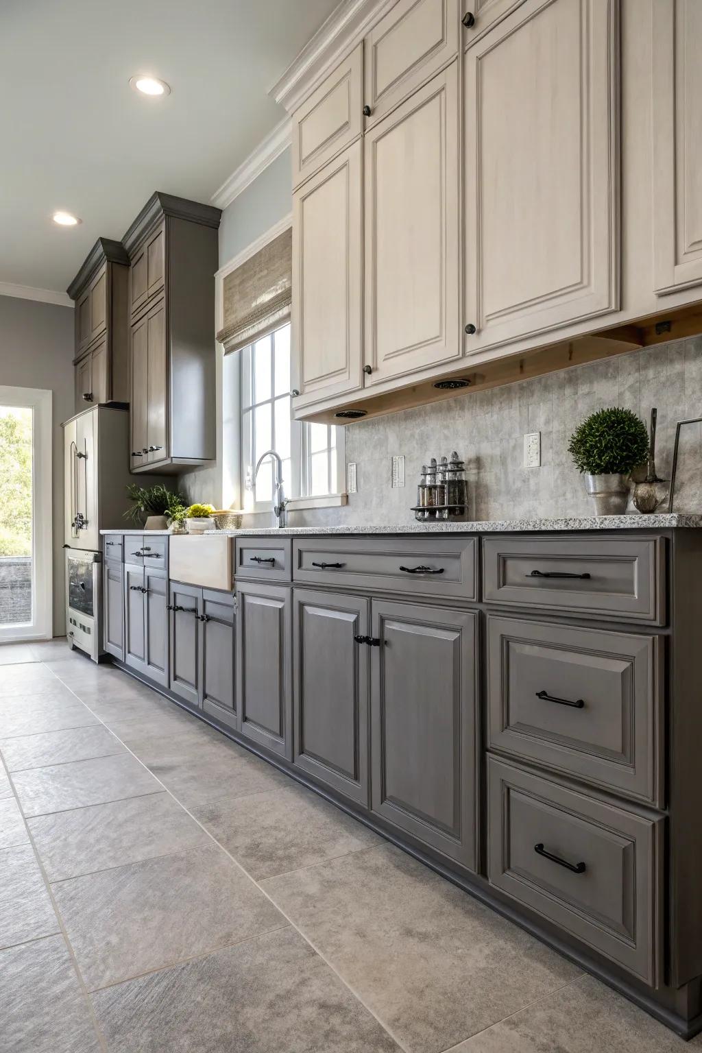 Blending grayscale in cabinets cultivates depth and interest.