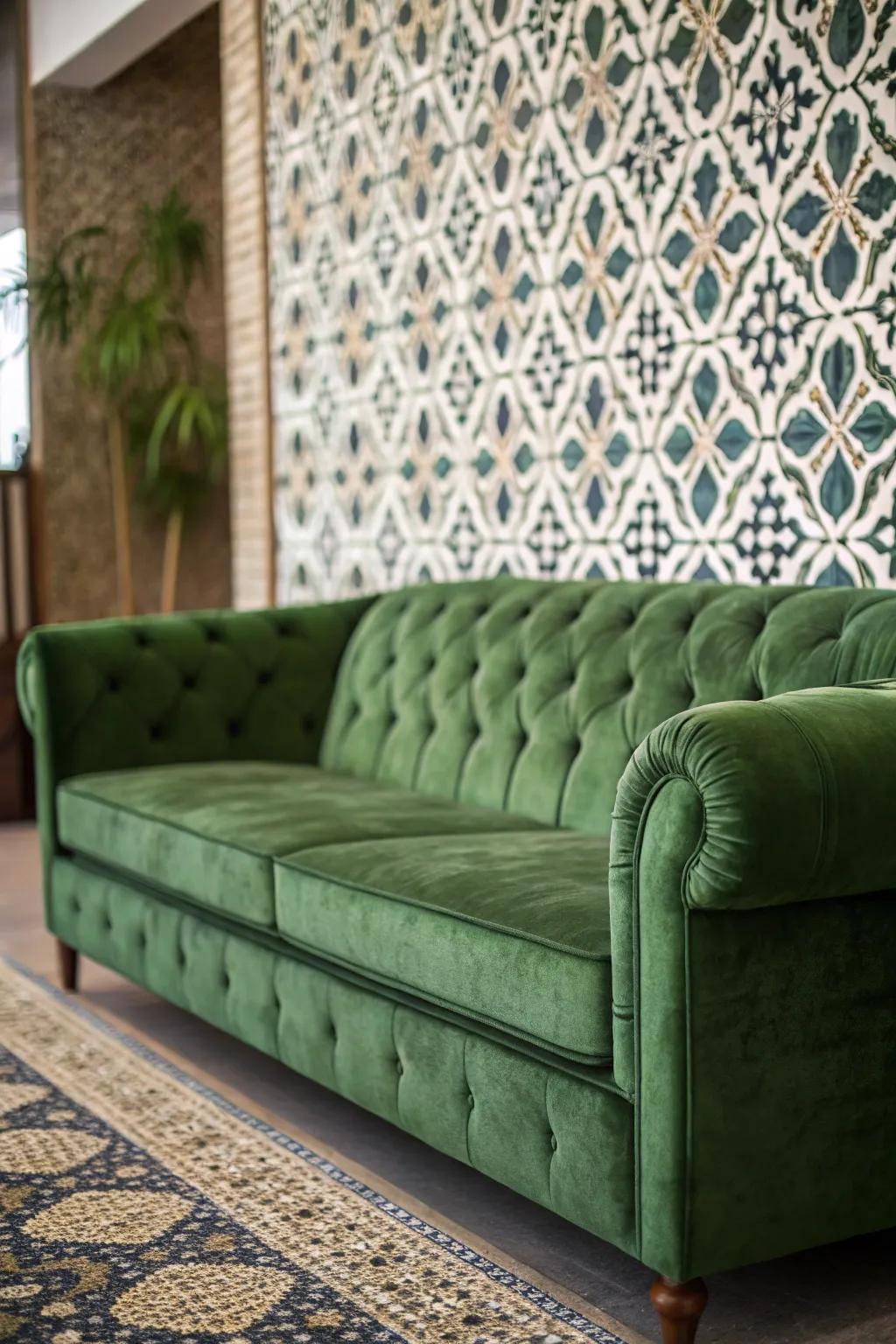 A daring living space featuring an emerald plush sofa and a feature wall.
