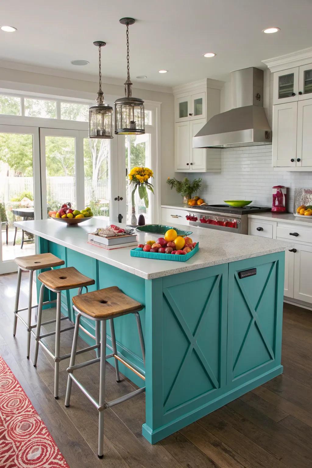 An turquoise island turns into the kitchen's vibrant core.
