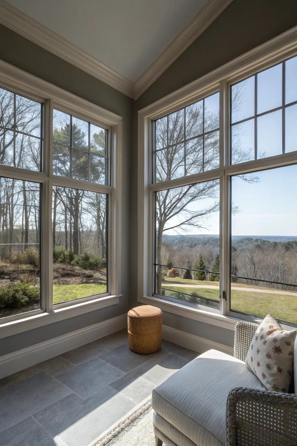 Expansive windows bring nature into this grey room.