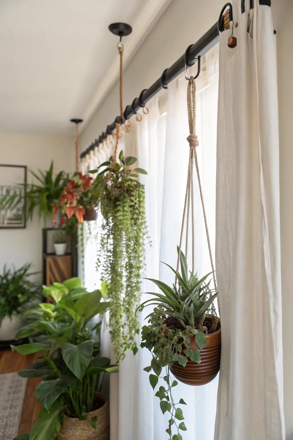 Enhance rental spaces with curtain rod plant hangers.