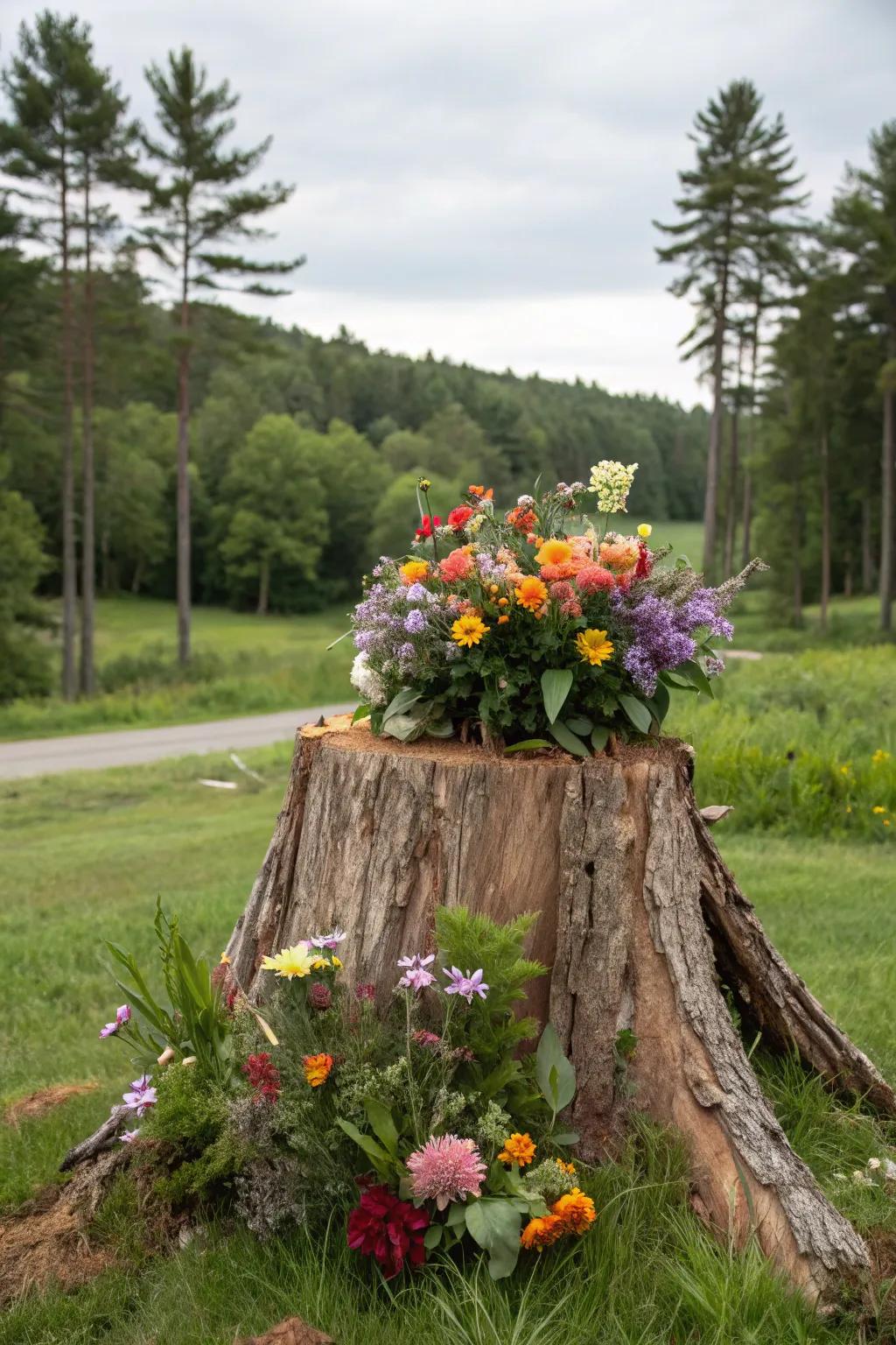 An artistic flower arrangement brings seasonal beauty to a garden.