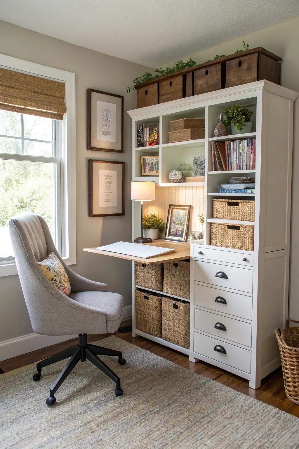 Multi-purpose furnishings maximize area and flexibility in small offices.