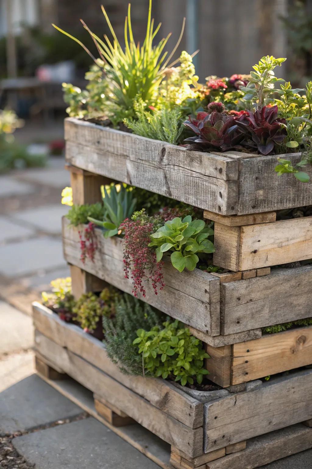 Elevate your garden game with handcrafted stacked pallet planters—where rustic charm meets vibrant greenery.