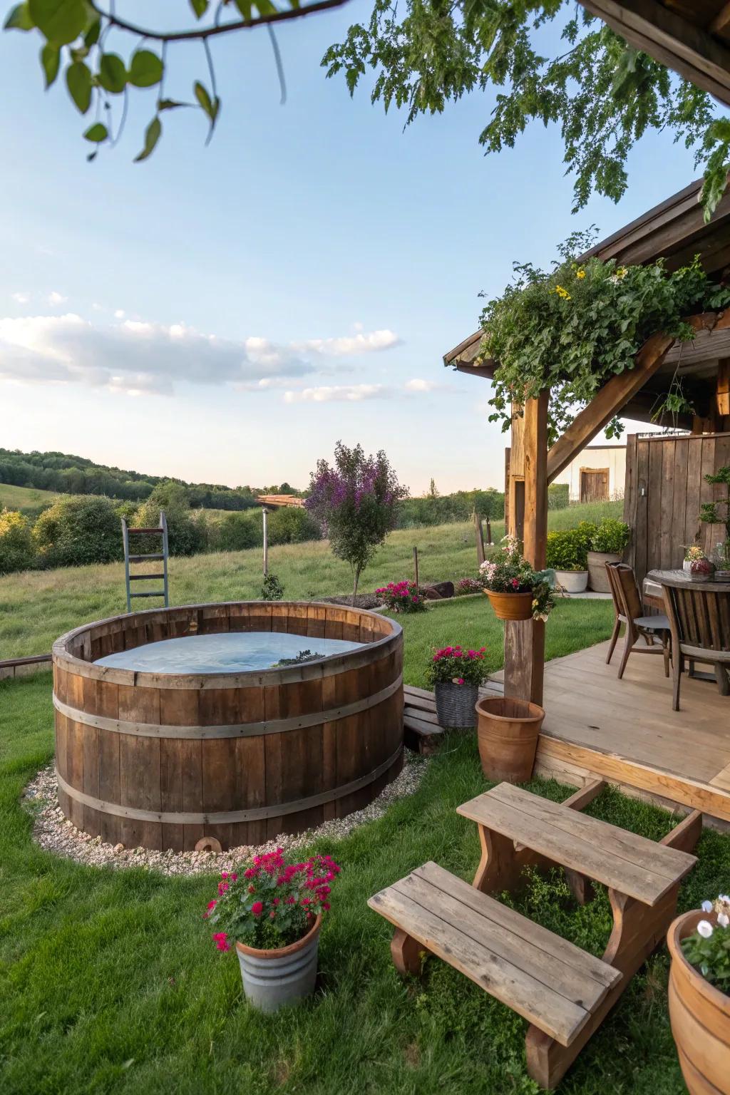 A charming rustic barrel pool for a countryside vibe.