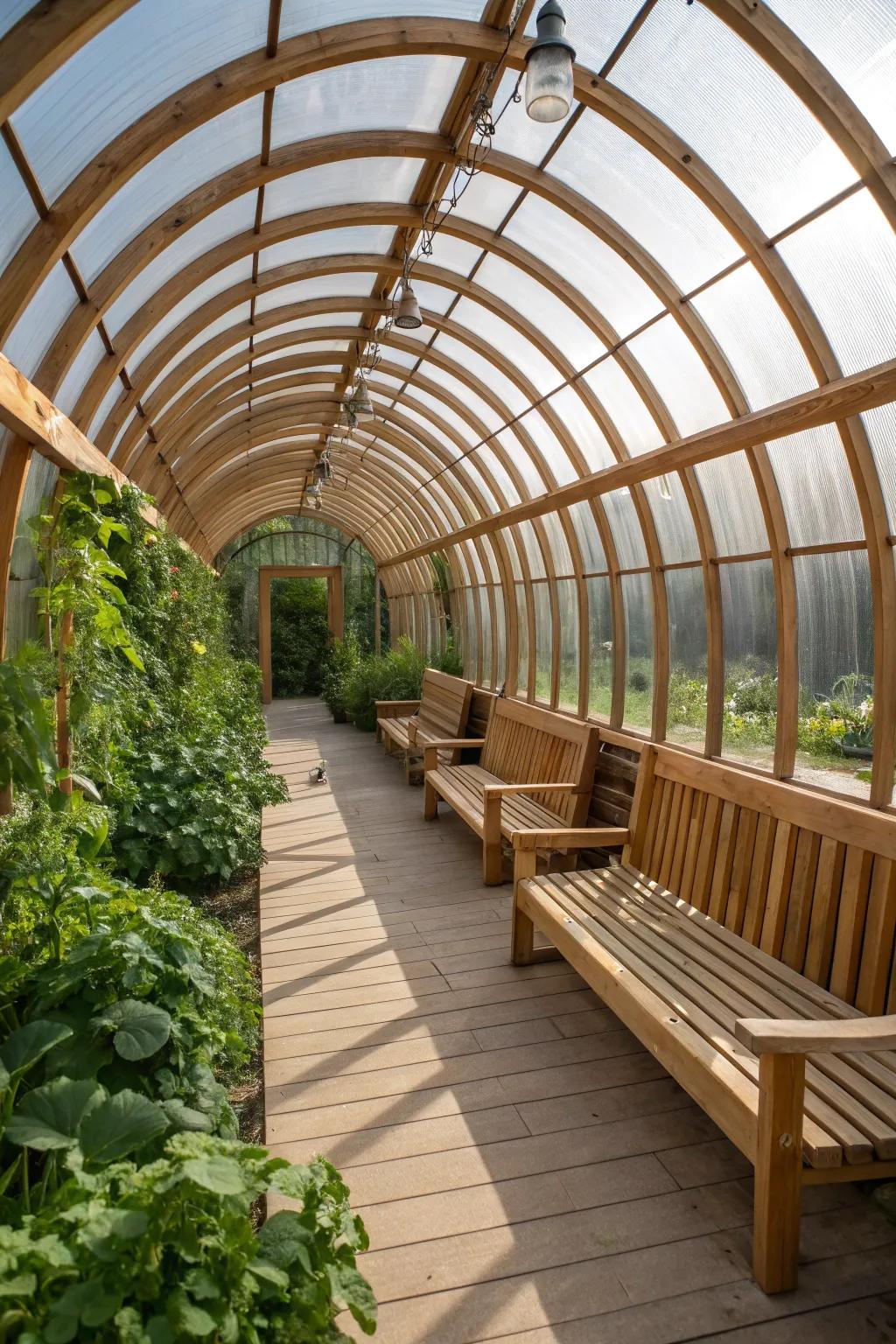 Find your serene escape with this hoop house design featuring expertly crafted built-in benches.