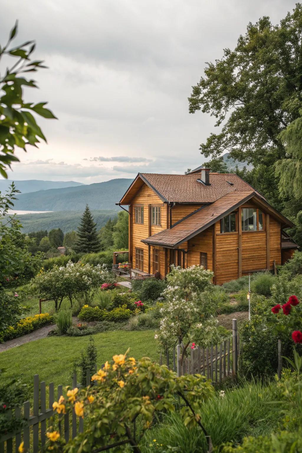 Wood-toned siding for a warm and inviting home exterior.