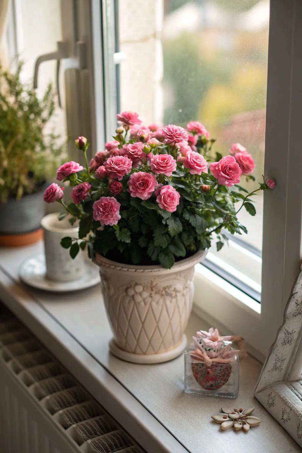 Diminutive roses contributing color and fragrance to the abode.
