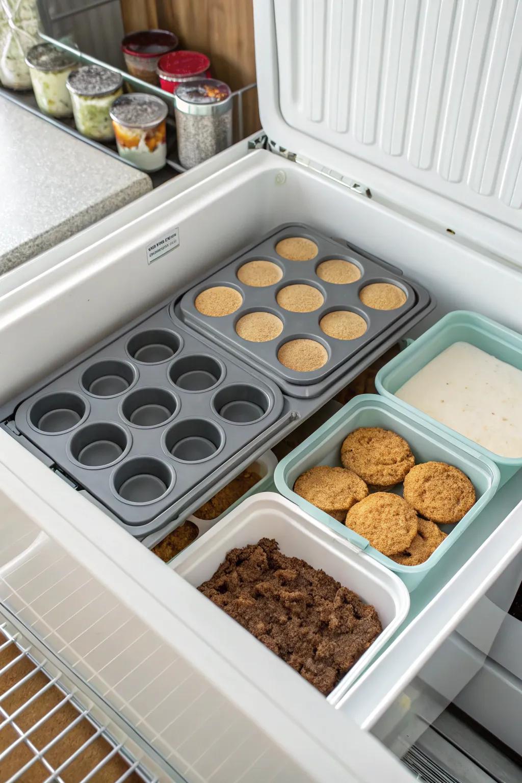 Baking sheets creatively dividing freezer space.