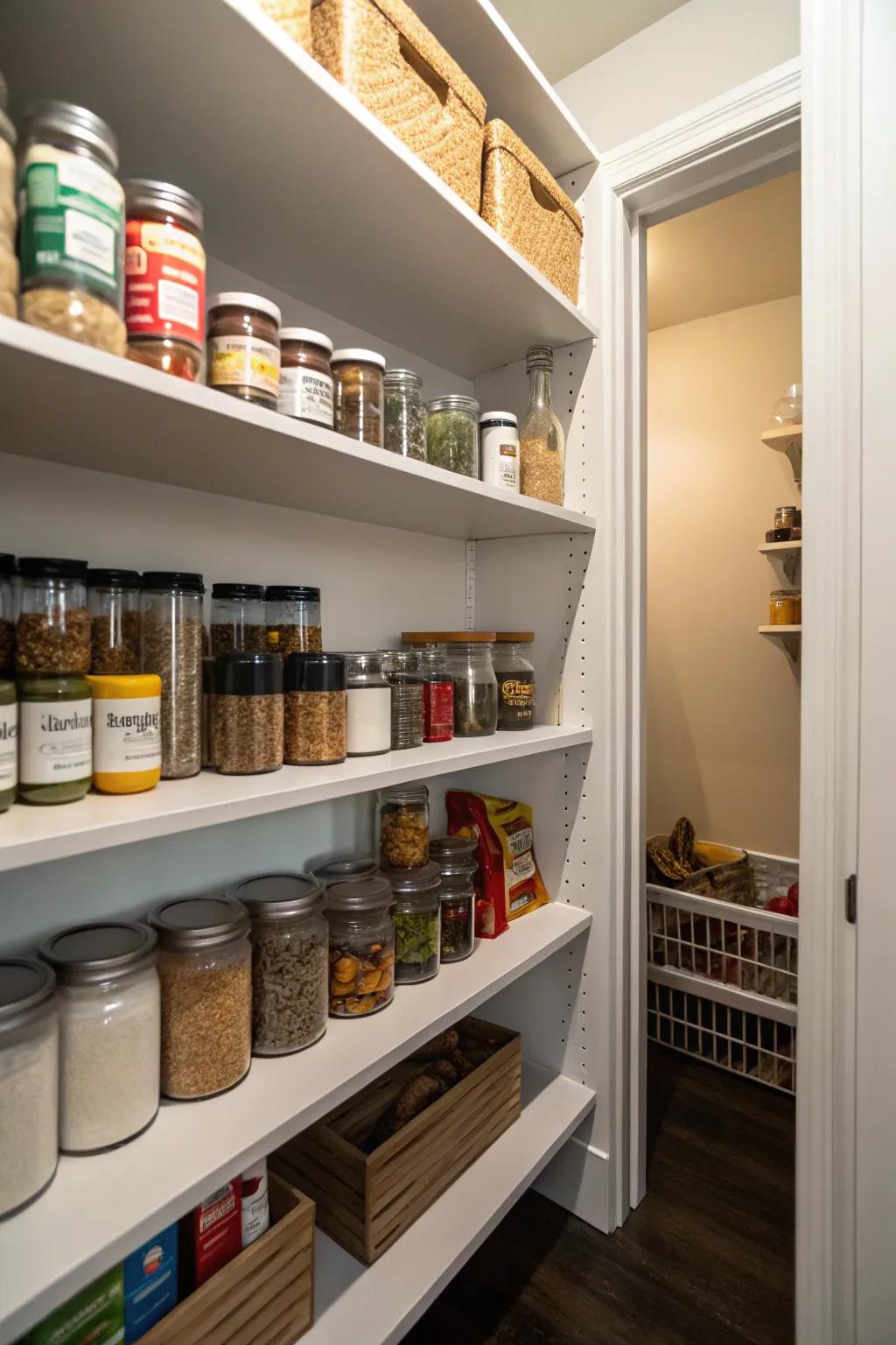 Shallow shelves make the most of area in a small pantry.