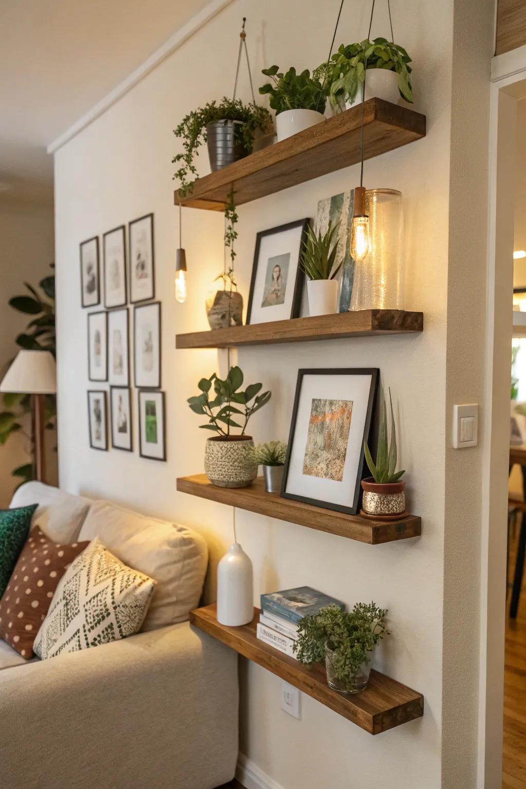 Floating shelves offer a stylish way to display your favorite items.