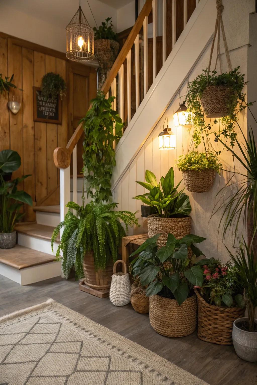 Transform under-stair spaces into charming plant nooks.