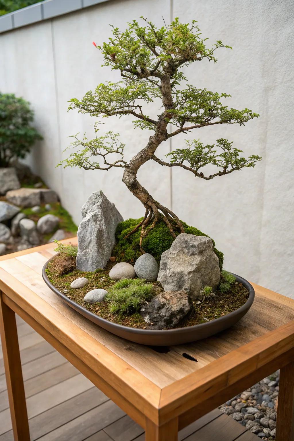 A bonsai rock garden is a captivating blend of art and nature.