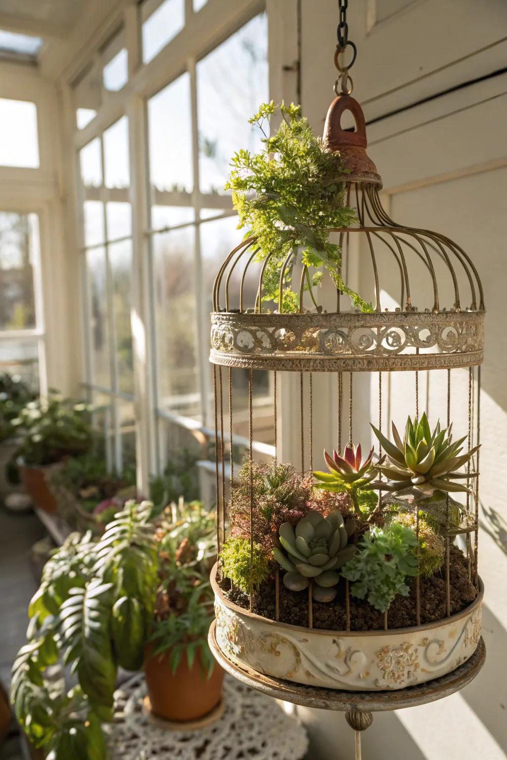 An old birdcage makes a whimsical home for succulents.