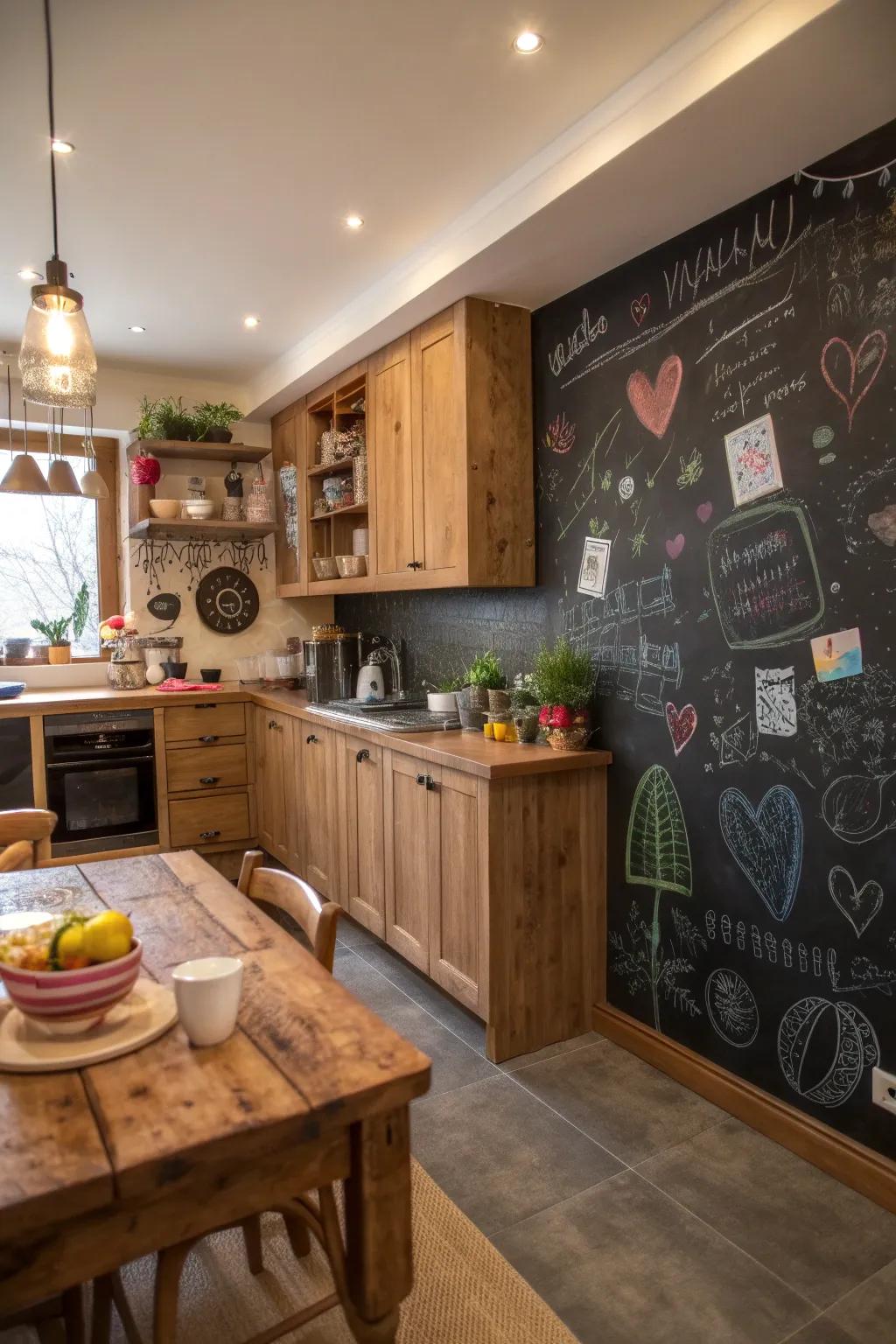 A chalkboard wall adds functionality and creativity.