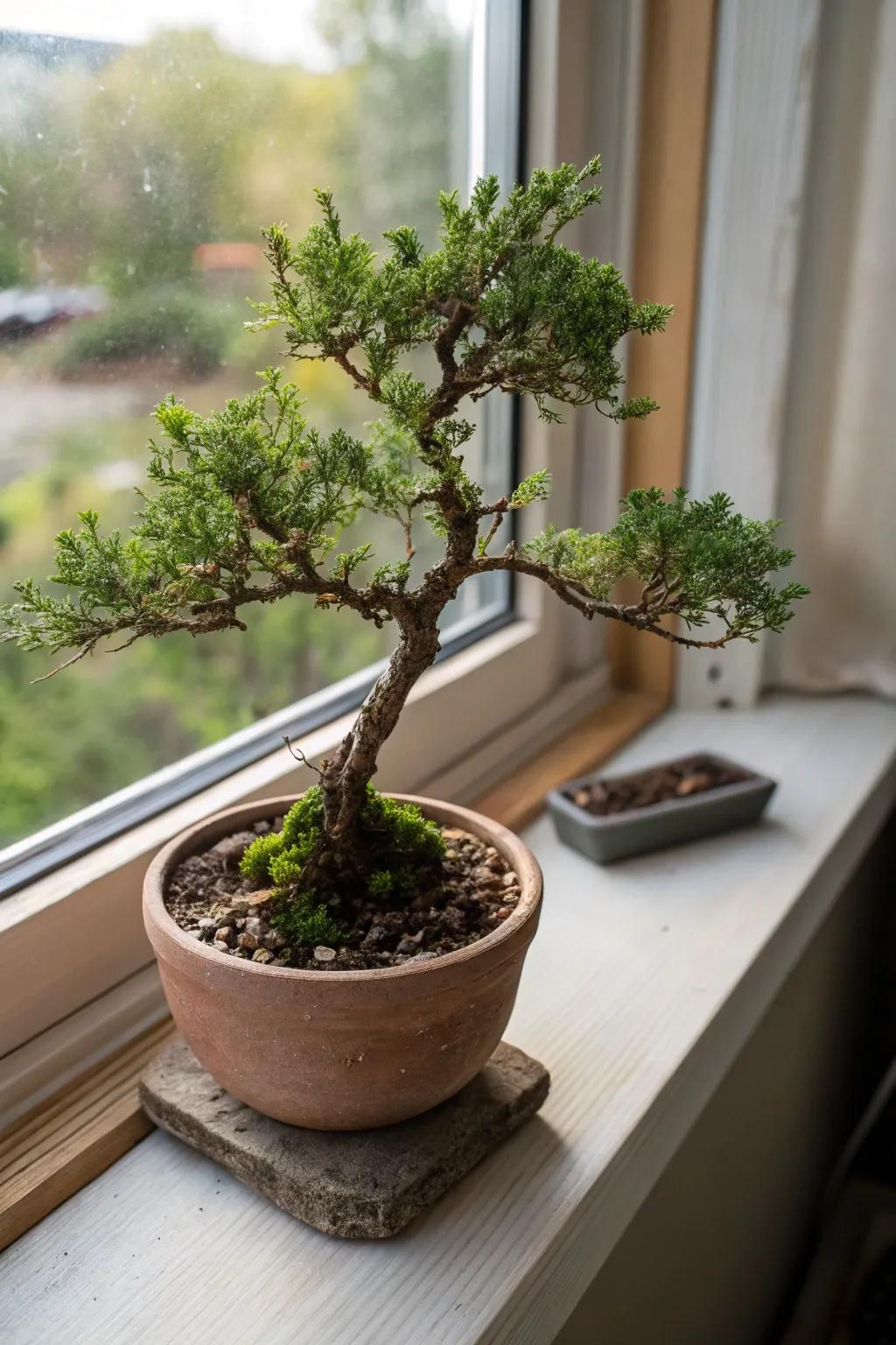 A pocket juniper bonsai adding charm to a windowsill in a small clay pot.
