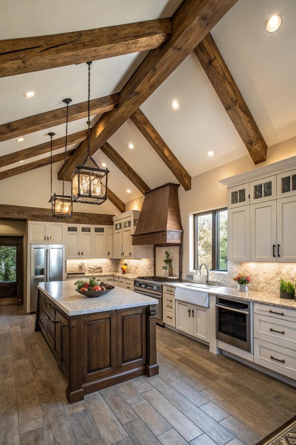 Faux beams offer flexibility and ease of installation in kitchen design.