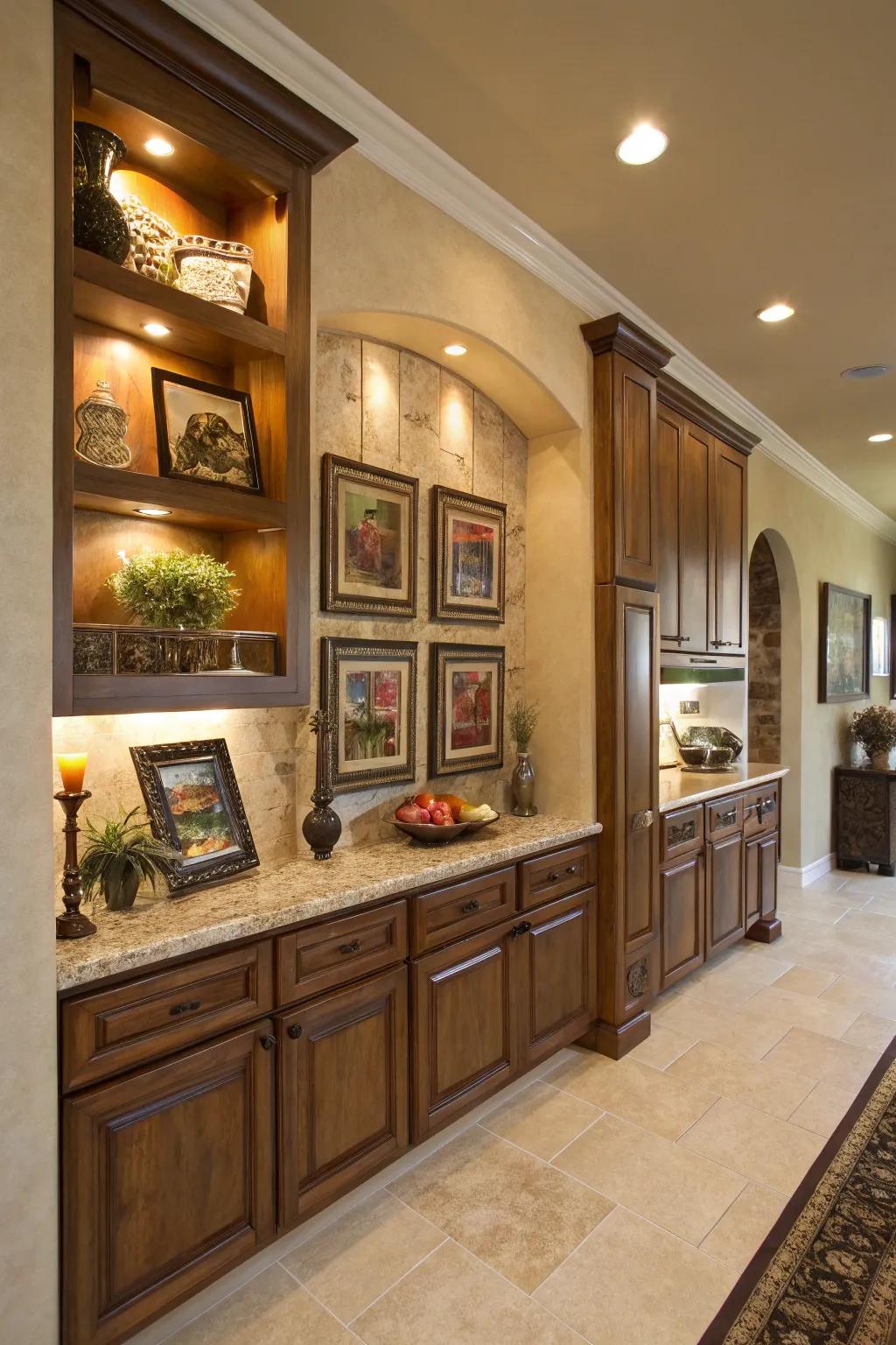 A bulkhead serving as an art display with integrated niches in the kitchen.