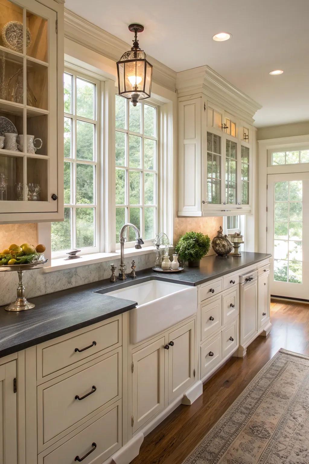 Soapstone countertops bring timeless elegance and practicality.
