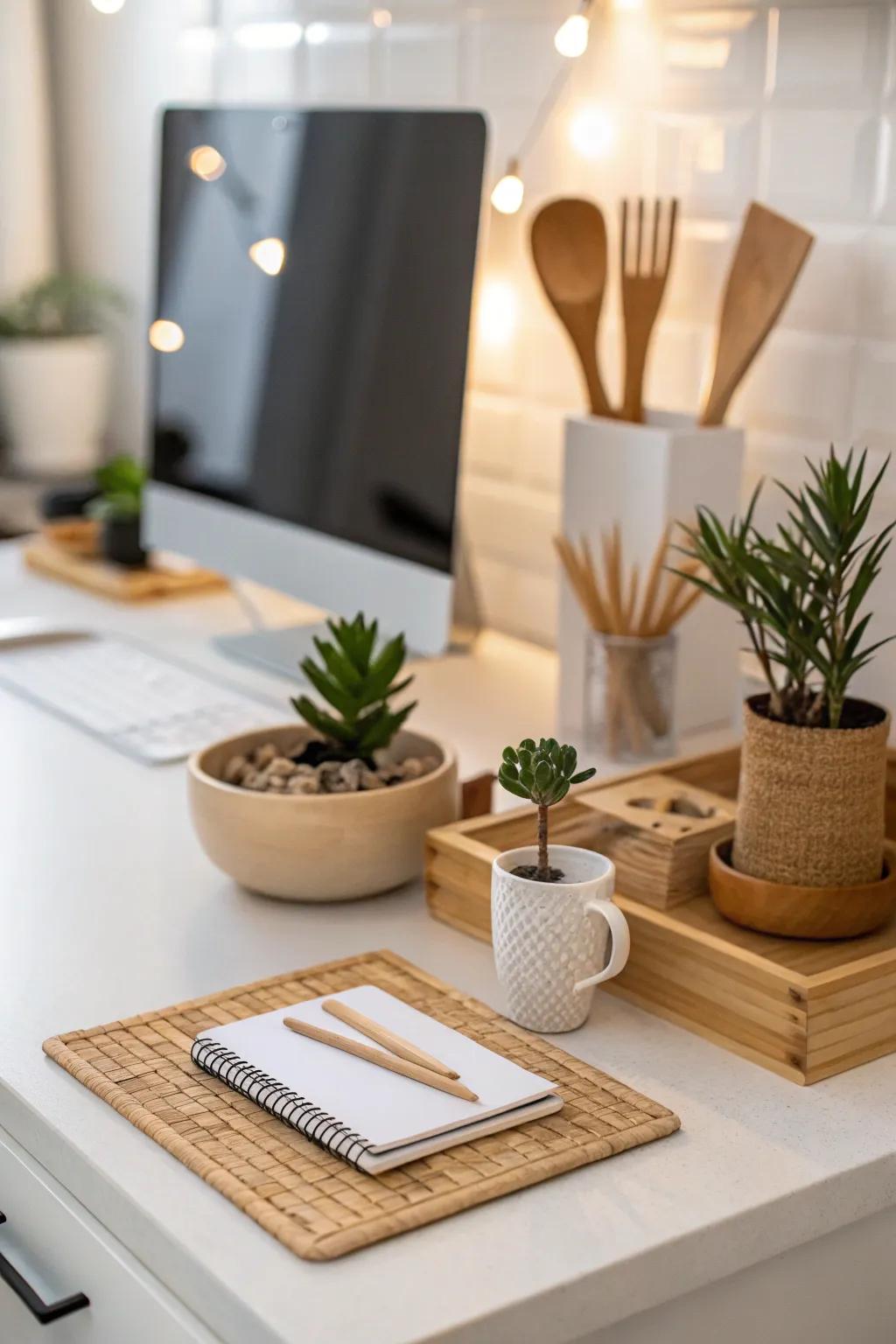 A kitchen desk area designed with Zen principles for calm and focus.