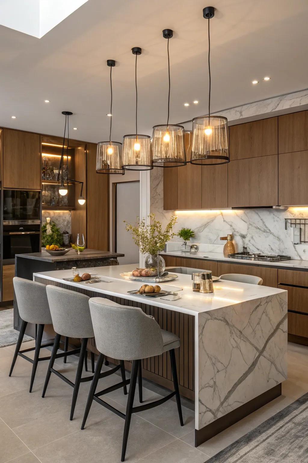 Statement lighting highlights the features of a kitchen island.