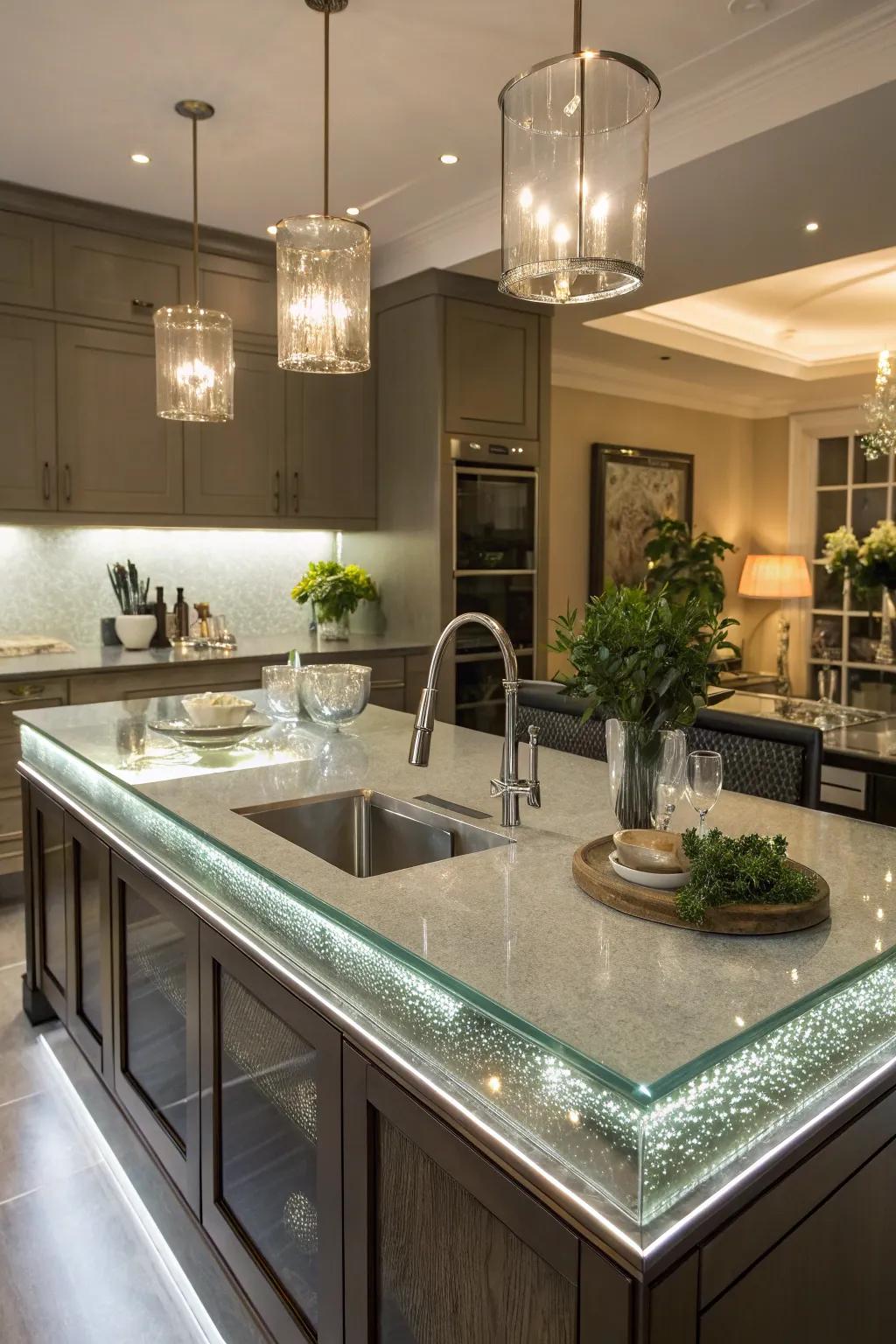 A chic kitchen island with glass and gloss elements for a sleek look.