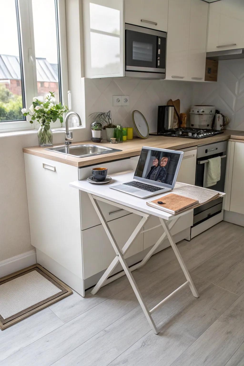 A foldable desk provides versatility in a compact kitchen office.