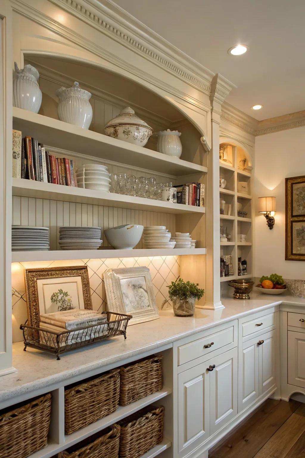 Heritage shelving with decorative trim adds a touch of timeless elegance to the kitchen.