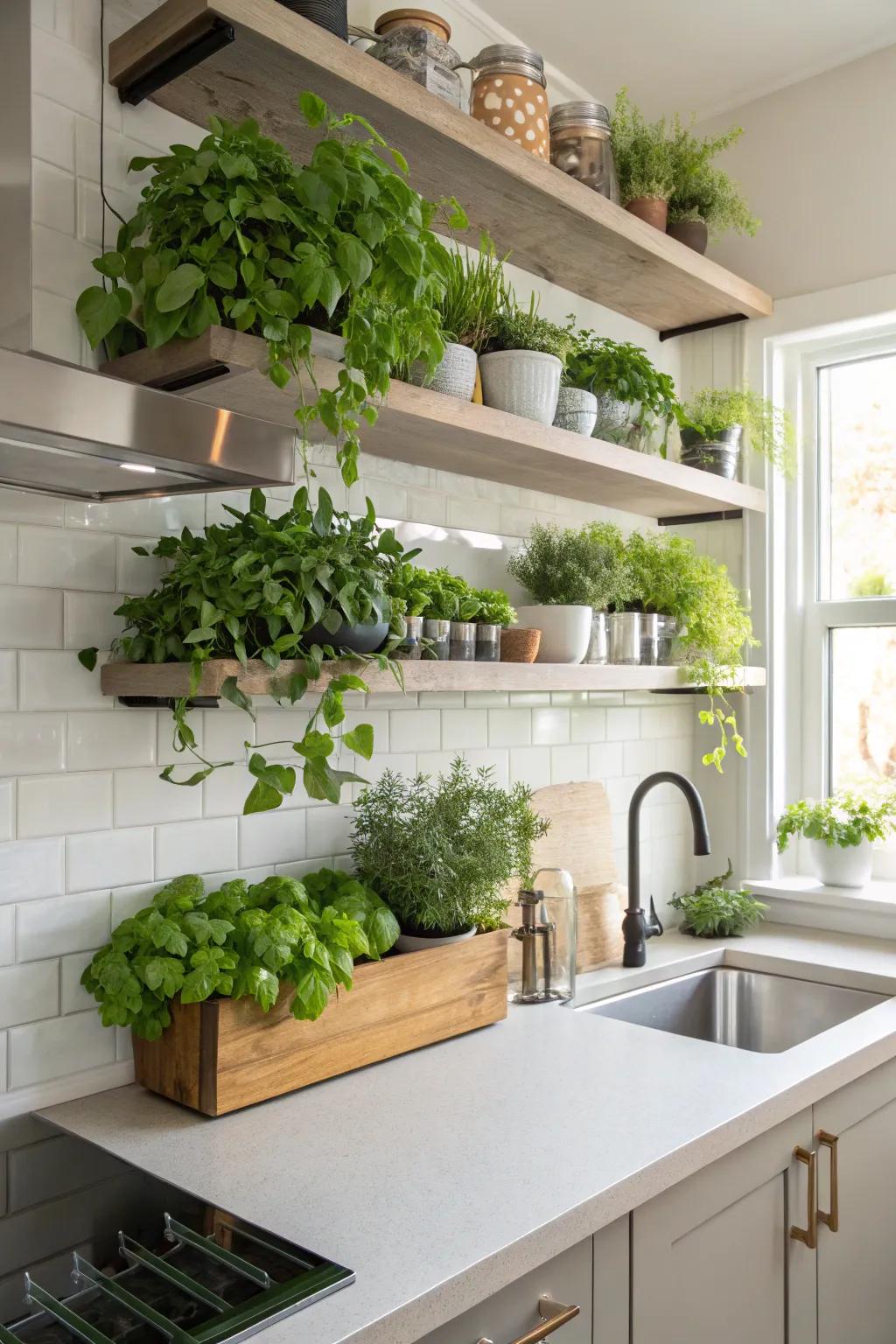 Create depth with drifting greenery on sleek shelves.