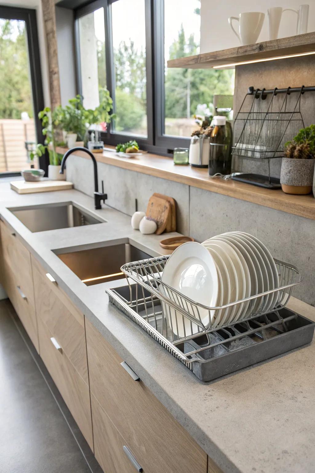 A kitchen with concrete countertops featuring a practical embedded dish drying rack.